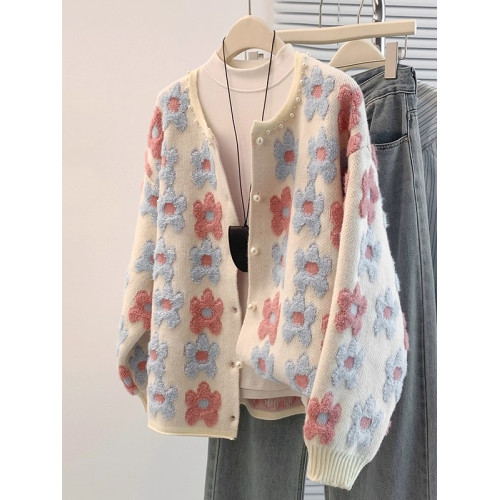 花朵刺綉正肩針織開衫女2026早春季新款大碼胖mm減齡奶乖毛衣外套