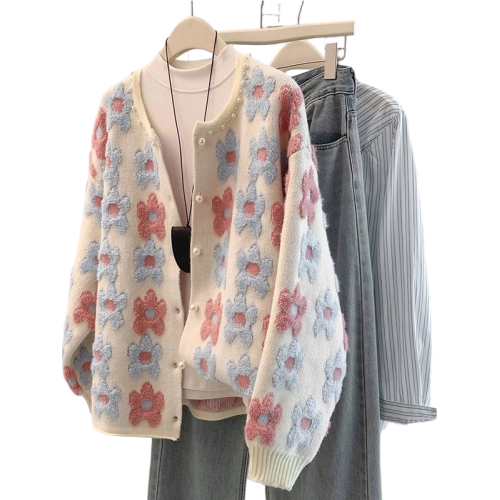 花朵刺綉正肩針織開衫女2026早春季新款大碼胖mm減齡奶乖毛衣外套