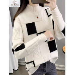 新款半高領毛衣女秋冬季2024年女士羊毛衫拼色時尚寬松針織打底衫