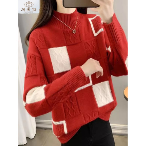 新款半高領毛衣女秋冬季2024年女士羊毛衫拼色時尚寬松針織打底衫