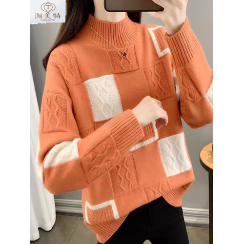 新款半高領毛衣女秋冬季2024年女士羊毛衫拼色時尚寬松針織打底衫