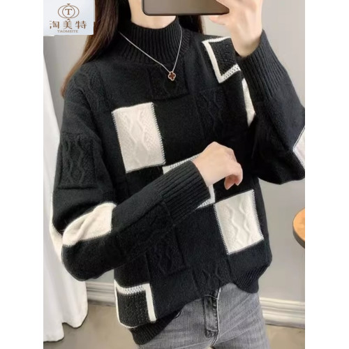 新款半高領毛衣女秋冬季2024年女士羊毛衫拼色時尚寬松針織打底衫