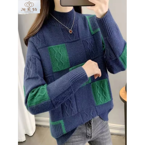 新款半高領毛衣女秋冬季2024年女士羊毛衫拼色時尚寬松針織打底衫