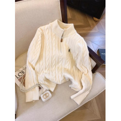 麻花刺綉拉鍊翻領毛衣女秋季外穿軟糯高級感立領針織衫慵懶風上衣