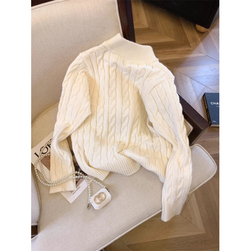 麻花刺綉拉鍊翻領毛衣女秋季外穿軟糯高級感立領針織衫慵懶風上衣