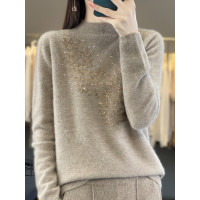 100%純羊毛衫女一線成衣半高領寬松鑲鑽洋氣設計感針織毛衣打底衫