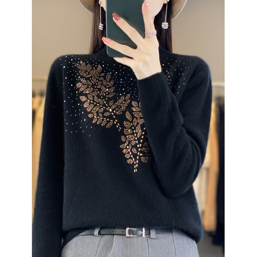 100%純羊毛衫女一線成衣半高領寬松鑲鑽洋氣設計感針織毛衣打底衫 100%純羊毛衫女一線成衣半高領寬松鑲鑽洋氣設計感針織毛衣打底衫