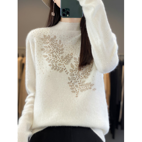 100%純羊毛衫女一線成衣半高領寬松鑲鑽洋氣設計感針織毛衣打底衫 100%純羊毛衫女一線成衣半高領寬松鑲鑽洋氣設計感針織毛衣打底衫