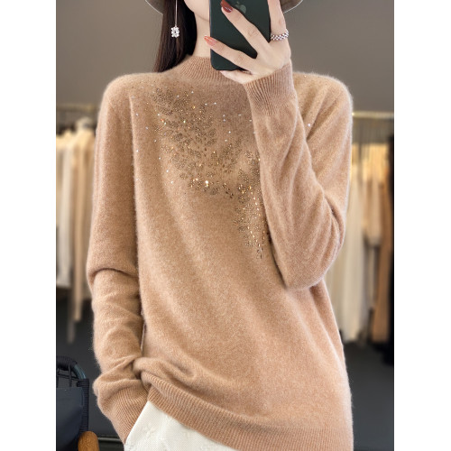 100%純羊毛衫女一線成衣半高領寬松鑲鑽洋氣設計感針織毛衣打底衫 100%純羊毛衫女一線成衣半高領寬松鑲鑽洋氣設計感針織毛衣打底衫