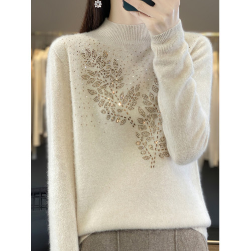 100%純羊毛衫女一線成衣半高領寬松鑲鑽洋氣設計感針織毛衣打底衫 100%純羊毛衫女一線成衣半高領寬松鑲鑽洋氣設計感針織毛衣打底衫