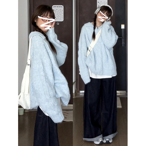 藍色奶fufu慵懶風套頭毛衣女秋冬季2025新款韓系穿搭寬松針織上衣