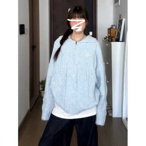 藍色奶fufu慵懶風套頭毛衣女秋冬季2025新款韓系穿搭寬松針織上衣