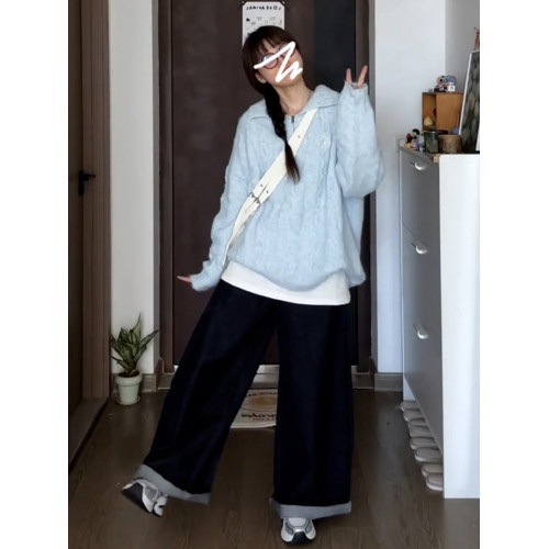 藍色奶fufu慵懶風套頭毛衣女秋冬季2025新款韓系穿搭寬松針織上衣