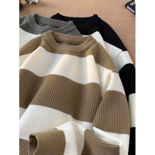 美式潮流條紋圓領毛衣男秋冬日系復古慵嬾針織衫潮牌長袖線衣外套