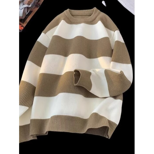 美式潮流條紋圓領毛衣男秋冬日系復古慵嬾針織衫潮牌長袖線衣外套