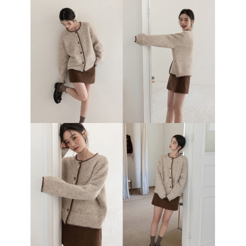 羊城故事 慵嬾風卡其色甜美圓領針織開衫毛衣女冬季新款外套上衣