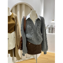 歐洲站女裝~歐貨灰色假兩件毛衣女外穿秋冬復古撞色麻花針織上衣