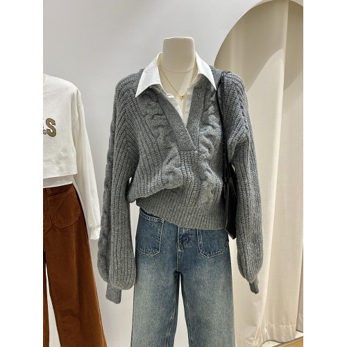 歐洲站女裝~歐貨灰色假兩件毛衣女外穿秋冬復古撞色麻花針織上衣