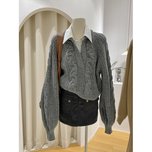 歐洲站女裝~歐貨灰色假兩件毛衣女外穿秋冬復古撞色麻花針織上衣