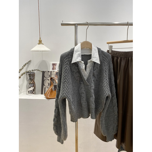 歐洲站女裝~歐貨灰色假兩件毛衣女外穿秋冬復古撞色麻花針織上衣