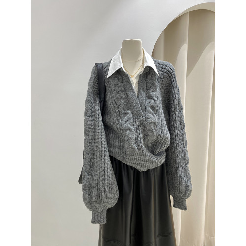 歐洲站女裝~歐貨灰色假兩件毛衣女外穿秋冬復古撞色麻花針織上衣