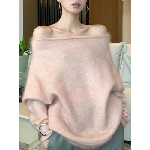 高級感黑色斜肩一字領馬海毛毛衣女秋冬寬松慵懶風露肩針織衫上衣