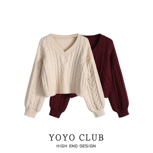YOYO CLUB大碼慵懶風復古V領針織衫冬季設計感短款顯瘦軟糯毛衣女