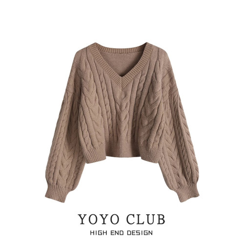 YOYO CLUB大碼慵懶風復古V領針織衫冬季設計感短款顯瘦軟糯毛衣女