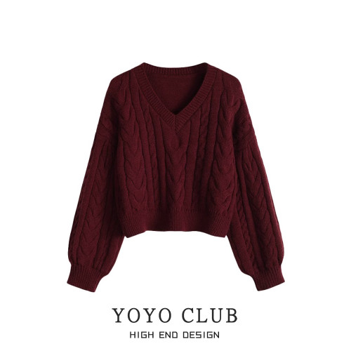YOYO CLUB大碼慵懶風復古V領針織衫冬季設計感短款顯瘦軟糯毛衣女