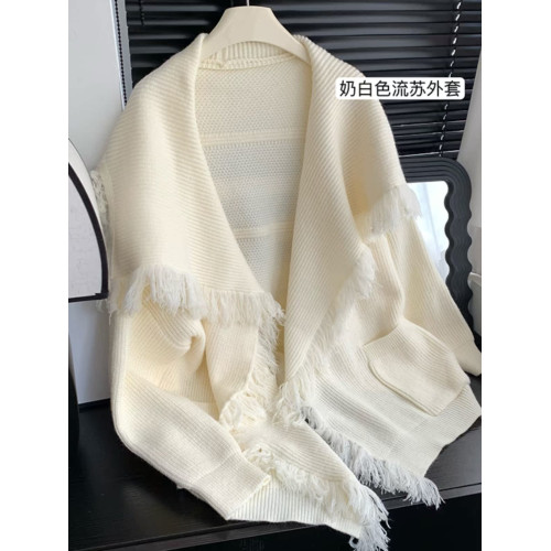 朵來美羊絨開衫外套女春秋小衆流蘇寬松長款大翻領長袖針織衫鬭篷