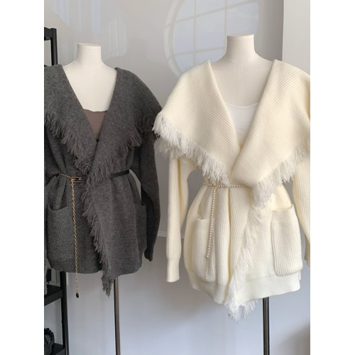 朵來美羊絨開衫外套女春秋小衆流蘇寬松長款大翻領長袖針織衫鬭篷