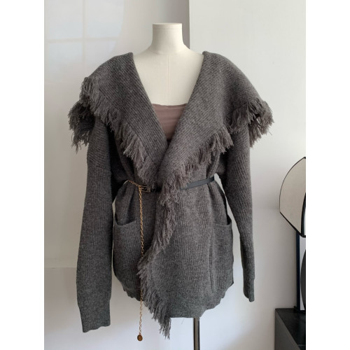 朵來美羊絨開衫外套女春秋小衆流蘇寬松長款大翻領長袖針織衫鬭篷