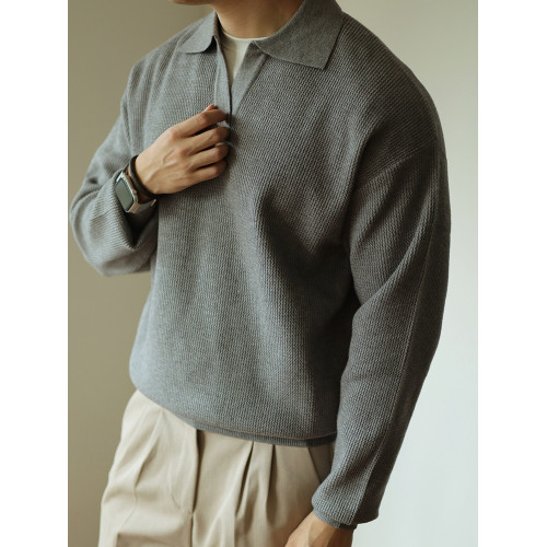 復古V領針織衫套頭毛衣繙領重磅保暖男士POLO長袖外套美式秋冬季