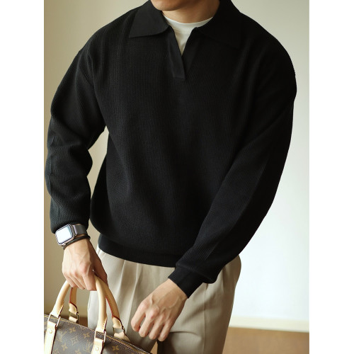 復古V領針織衫套頭毛衣繙領重磅保暖男士POLO長袖外套美式秋冬季