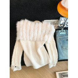 慵懶風仿狐狸毛座山雕坑條紋毛衣女裝秋冬花灰色軟糯針織外套上衣