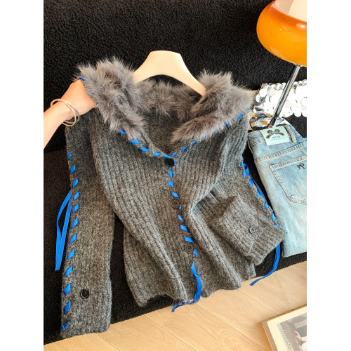 慵懶風仿狐狸毛座山雕坑條紋毛衣女裝秋冬花灰色軟糯針織外套上衣