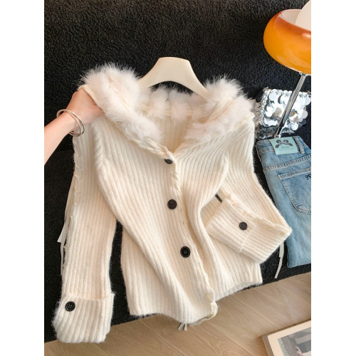 慵懶風仿狐狸毛座山雕坑條紋毛衣女裝秋冬花灰色軟糯針織外套上衣