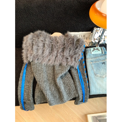 慵懶風仿狐狸毛座山雕坑條紋毛衣女裝秋冬花灰色軟糯針織外套上衣