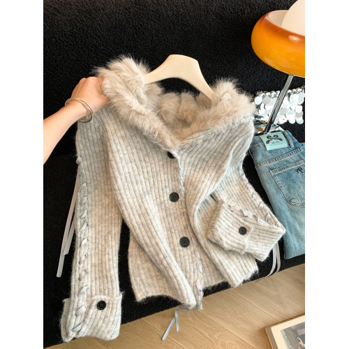 慵懶風仿狐狸毛座山雕坑條紋毛衣女裝秋冬花灰色軟糯針織外套上衣