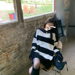 仿貂毛套頭毛衣女秋冬2023新款寬松慵懶中長款黑奶白條紋針織上衣