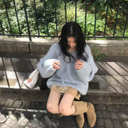 慵懶風藍色毛衣女套頭2025秋冬奶fufu軟糯寬松顯瘦針織上衣加厚