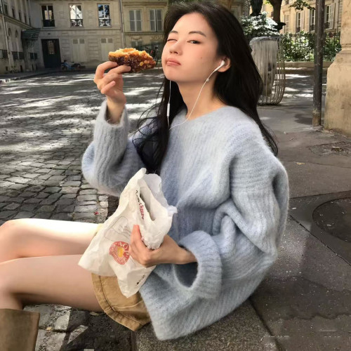 慵懶風藍色毛衣女套頭2025秋冬奶fufu軟糯寬松顯瘦針織上衣加厚