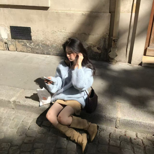 慵懶風藍色毛衣女套頭2025秋冬奶fufu軟糯寬松顯瘦針織上衣加厚