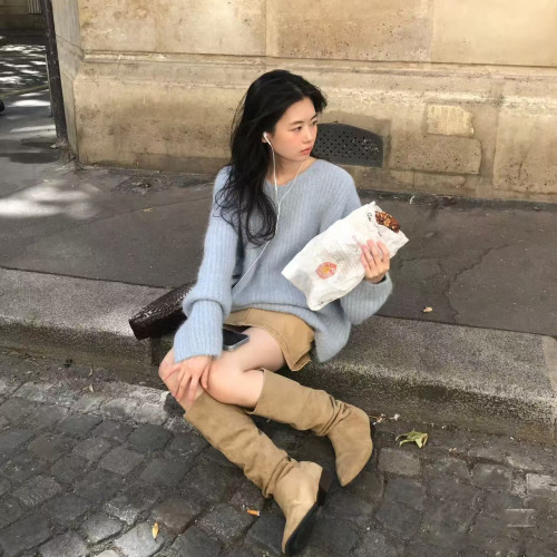 慵懶風藍色毛衣女套頭2025秋冬奶fufu軟糯寬松顯瘦針織上衣加厚