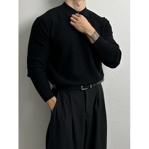 老錢風針織polo衫男秋冬長袖翻領毛衣韓版寬松休閒高級感純色外套