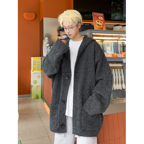 V37深灰色開衫毛衣男秋季高街慵嬾風寬鬆休閒簡約情侶針織衫外套