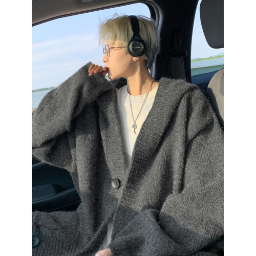 V37深灰色開衫毛衣男秋季高街慵嬾風寬鬆休閒簡約情侶針織衫外套