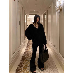 秋冬慵懶風黑色加厚V領套頭寬松外穿內搭仿貂絨毛毛衣針織衫女潮