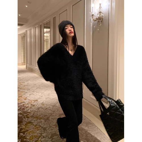 秋冬慵懶風黑色加厚V領套頭寬松外穿內搭仿貂絨毛毛衣針織衫女潮
