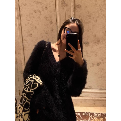 秋冬慵懶風黑色加厚V領套頭寬松外穿內搭仿貂絨毛毛衣針織衫女潮